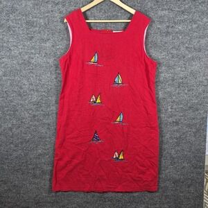 Country Concept Dress Nautical Sailboat Embroidered Midi Linen Cotton Size Large